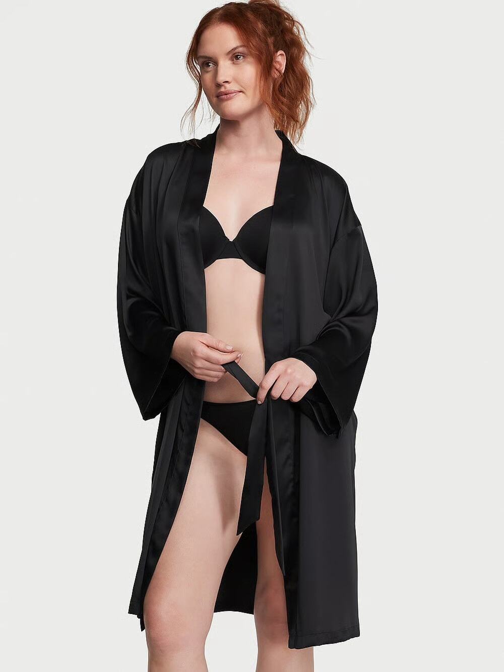 Victoria's Secret Angels Black Satin Kimono Robe Open Front Sleepwear One Size